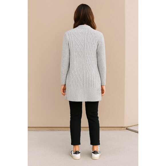 Chico's Cable Stitch Open Front Cardigan Sweater Gray Wool Cashmere Size 1 US M - Picture 2 of 16